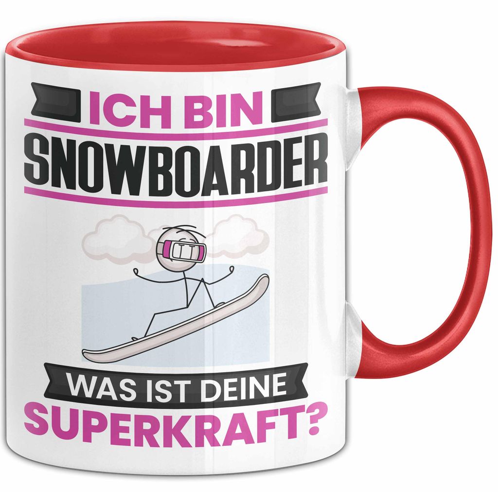 Snowboarder Tasse Geschenk für Snowboarder Geburtstag Lustiger Spruch Kaffee-Becher Was Ist Deine Superkraft (Rot)