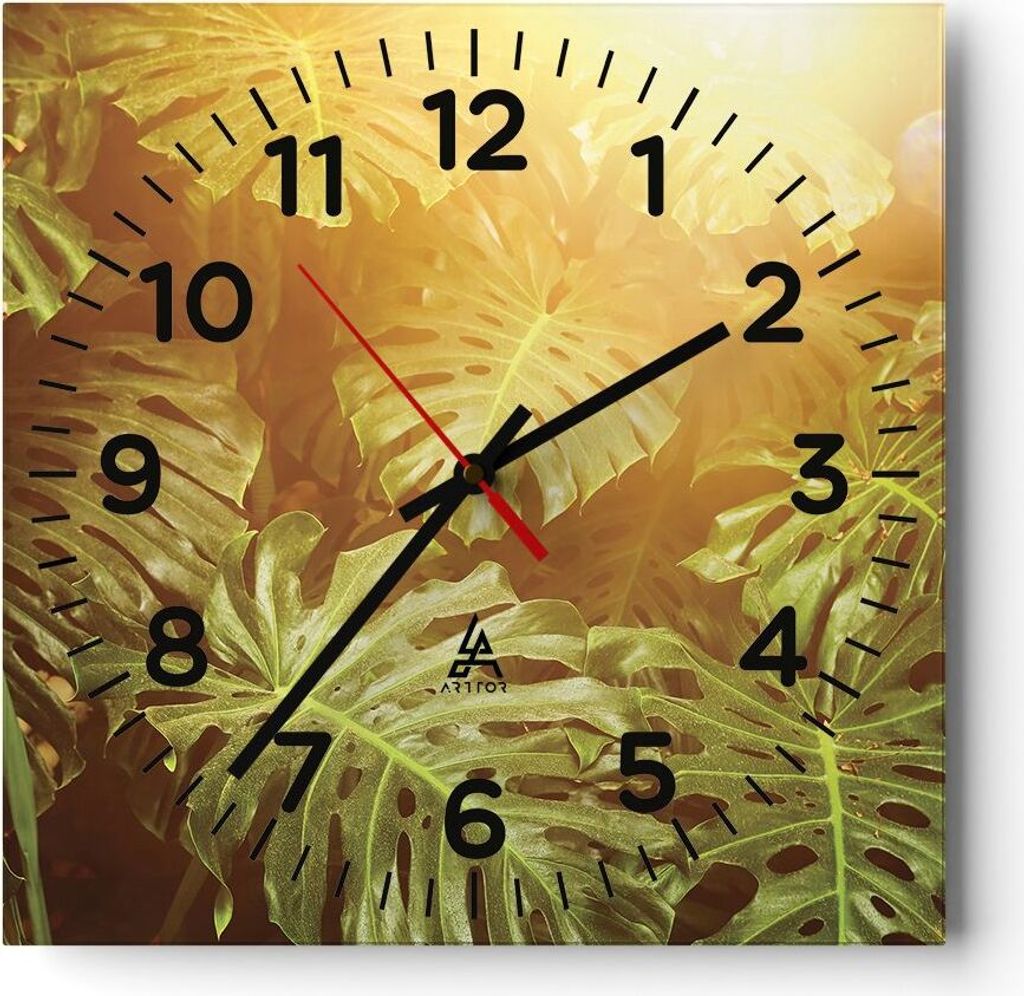 Wanduhr - Quadrat - Glasuhr - Blätter Monstera Licht - 40x40cm - Schleichendes Uhrwerk - Lautlos - zum Aufhängen bereit - Dekoration Modern - Wan...