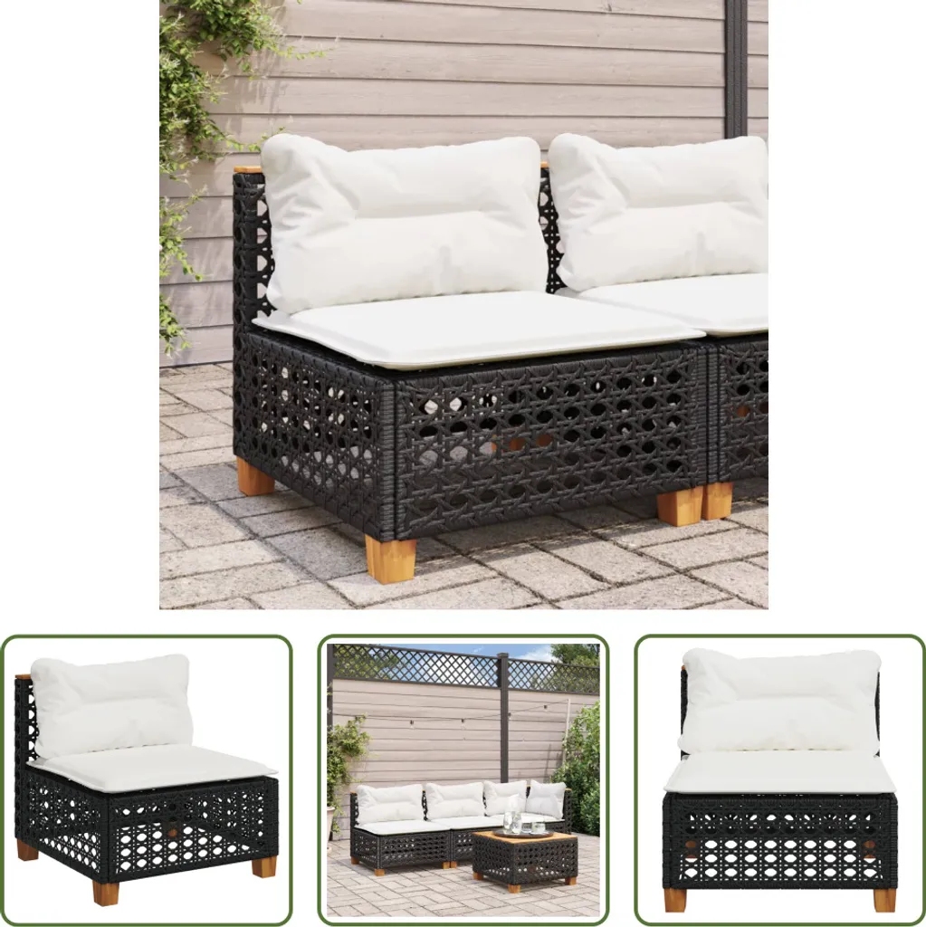 The Living Store Divano da giardino senza braccioli con cuscini in Poly Rattan nero