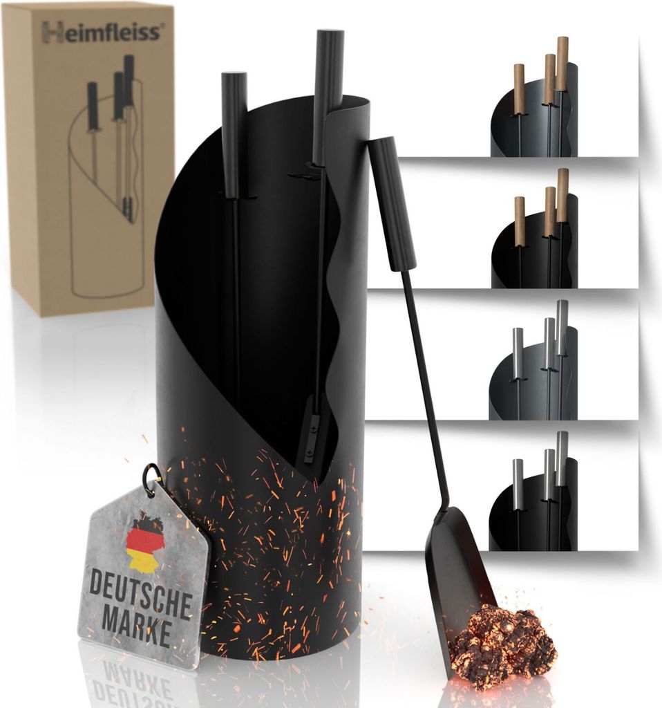 Heimfleiss Kaminbesteck Schwarz mit schwarzen Griffen – Modernes Kaminofen-Zubehör, 4-teilig