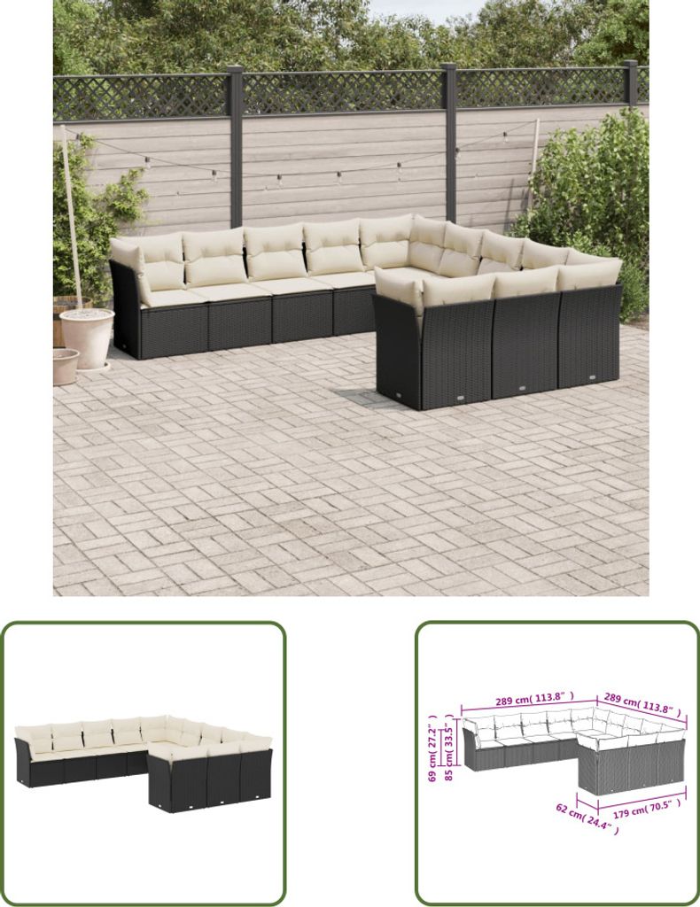 The Living Store 11-tlg. Garten-Sofagarnitur mit Kissen Schwarz Poly Rattan