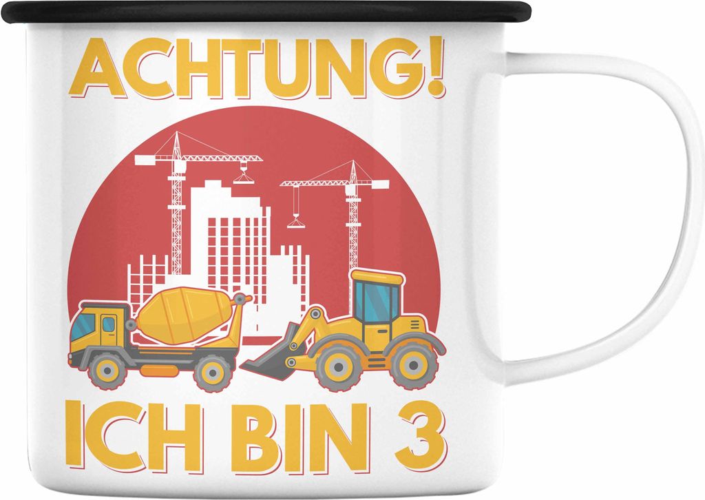 Trendation - Achtung Ich Bin 3 Emaille Tasse Geschenk 3-Jähriger Junge Bagger Geschenkidee Sohn (Schwarz)