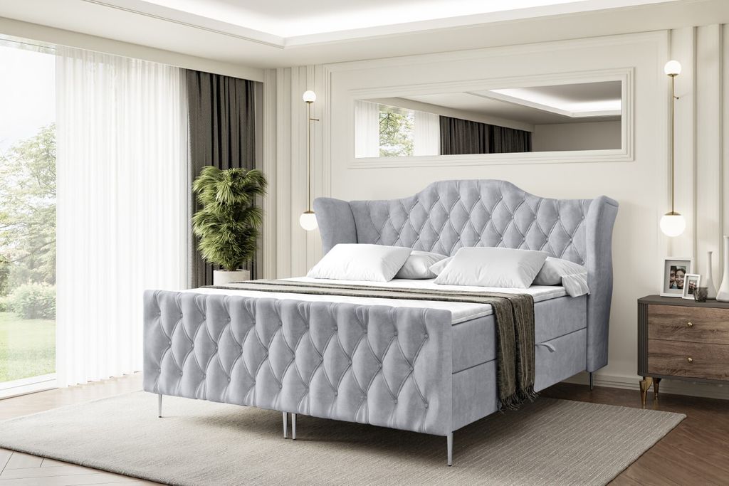 ALTDECOR Boxspringbett mit Silber Füßen, Matratze und Lattenrost, Topper, Fußteil, Polsterbett mit Bettkasten, Bett mit Stauraum H3-Matratze, Do...