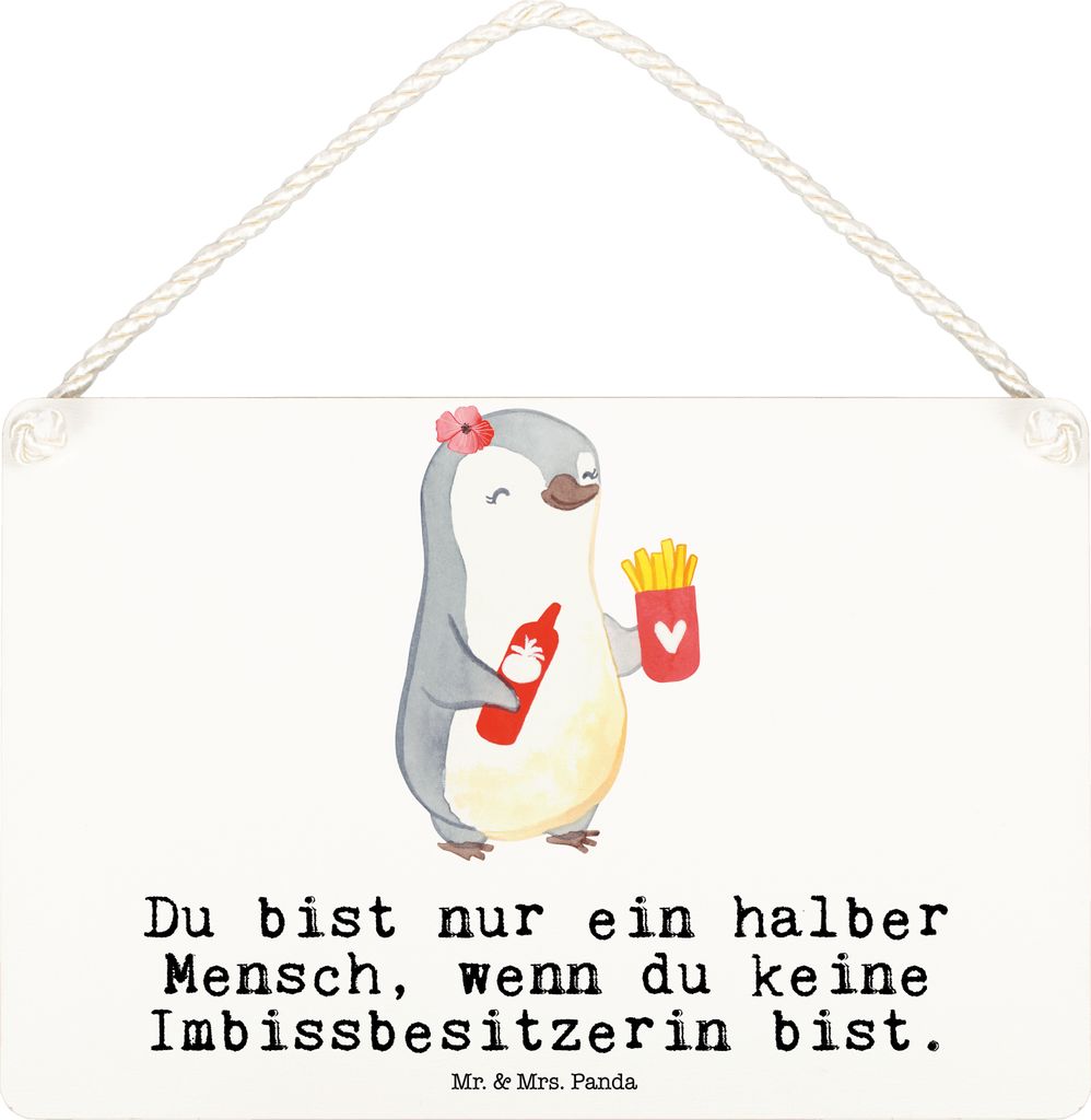 Mr. & Mrs. Panda Schild Imbissbesitzerin Herz DIN A6 - Weiß - Geschenk, Holzschild, Türschild, Spruch, Pommesliebe, holzbild, Imibissverkäuferin...