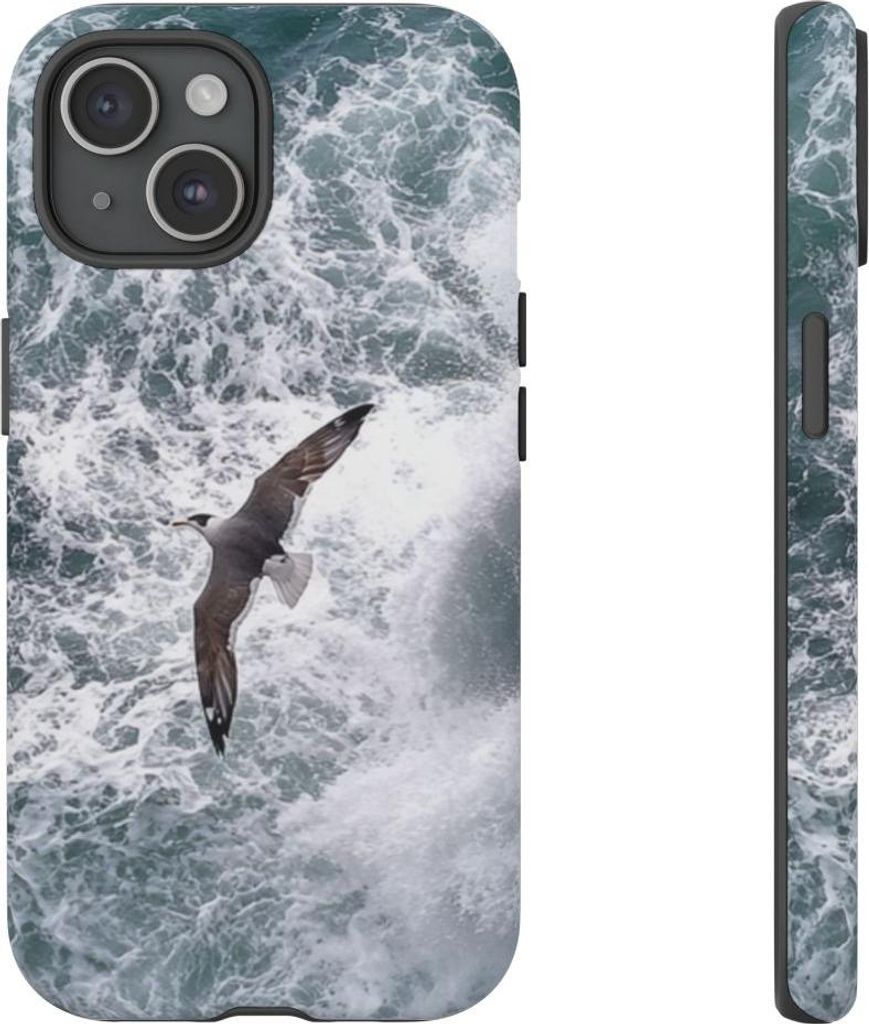 Möwe über Felsenklippe und tosenden Wellen – Hülle Kompatibel mit iPhone 15