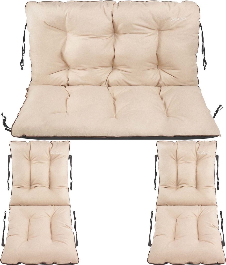 SuperKissen24. Sitzkissen Bankauflage für Gartenbank - Bankkissen Bankauflage 100x60x50 cm mit 2er 48x96 cm Stuhlkissen - Wetterfest - Beige Leinen