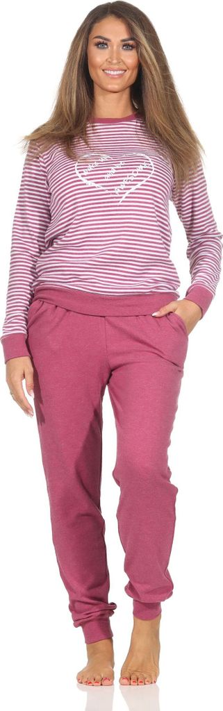 Damen Schlafanzug langarm mit Herz-Motiv in Kuschel Interlock Qualität - auch in Übergröße ; beere , 44