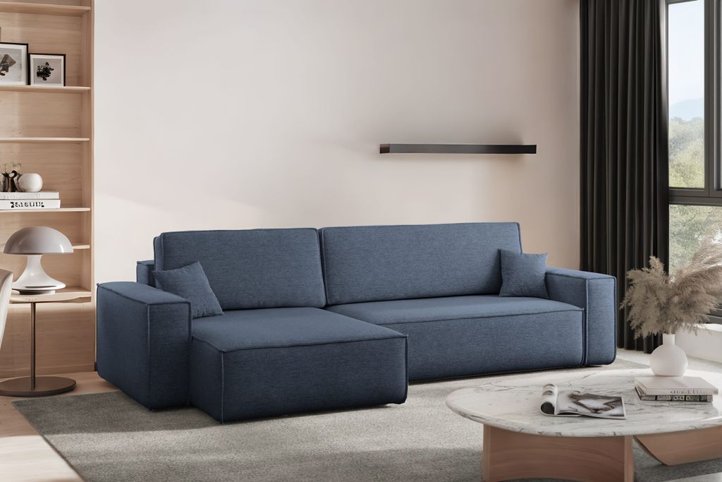 Kaiser Möbel Ecksofa mit schlaffunktion und bettkasten, Eckcouch Best XL stoff Verita Marineblau Links