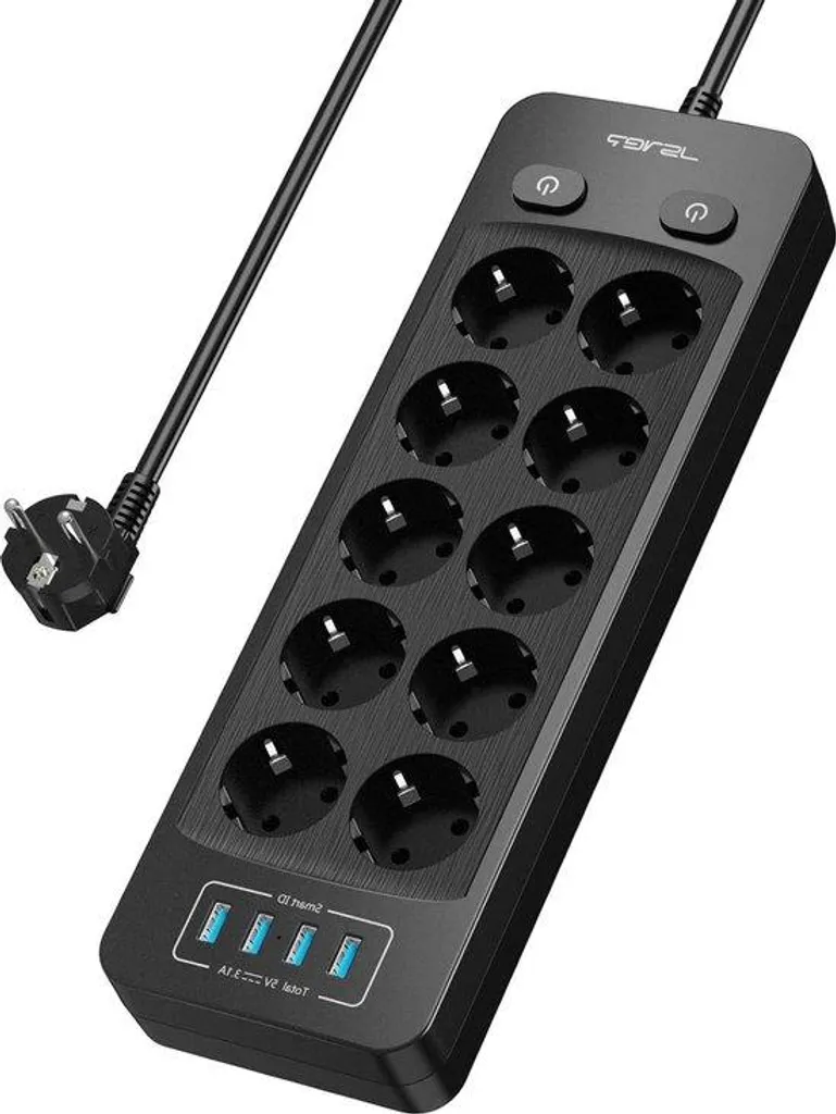 Multiprise 10 prises AC et 4 ports USB noirs, câble 2m haute résistance