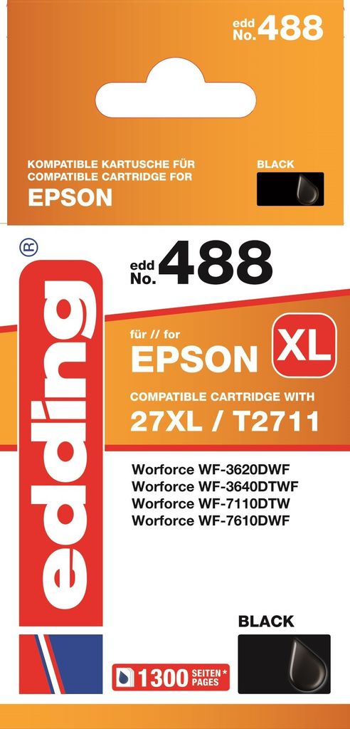 The image shows the packaging of an Edding brand black ink cartridge compatible with Epson printers.