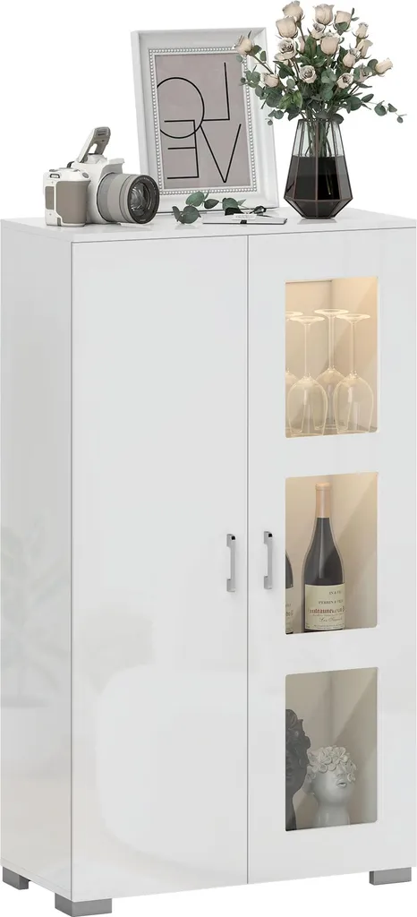 Armoire de Salon Blanche avec Vitrine LED et Étagères en Verre Design