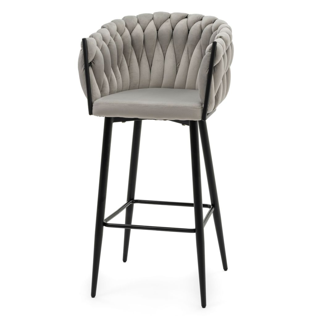 NEW HOME Barhocker LATINA gepolsterter für Wohnzimmer Esszimmer Glamour geflochtener - hellgrau - moderne Samt Velours Möbel