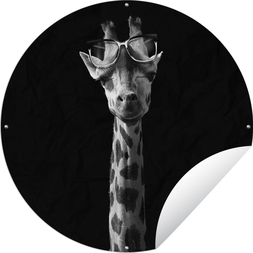 MuchoWow Gartenposter Outdoor-Poster Rund Giraffe mit Brille auf schwarzem Hintergrund - schwarz und weiß Ø 120 cm Gartendeko Rundes Poster dra...