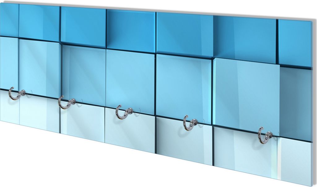 Wallario Flurgarderobe Wandgarderobe aus Glas, mit 5 Haken, Größe 80 x 30 cm, Motiv Blau-weiße Kisten Schachteln Muster