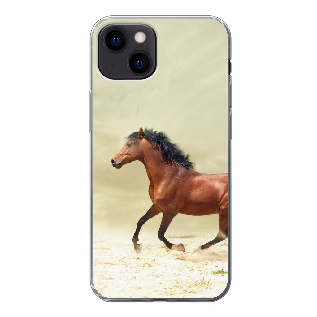 MuchoWow Handyhülle Schutzhülle Hülle für iPhone 13 mini Pferd - Stoff - Sand Silikon Softcase Handy Hülle - Softcase