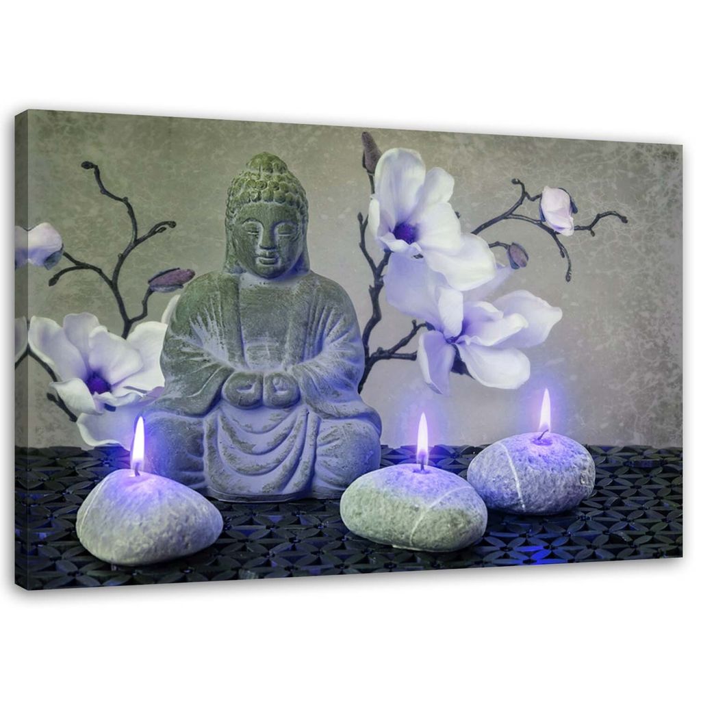Leinwandbild buddha mit orchideen und kerzen 60x40 cm Feeby grau wandbild bereit zum aufhängen