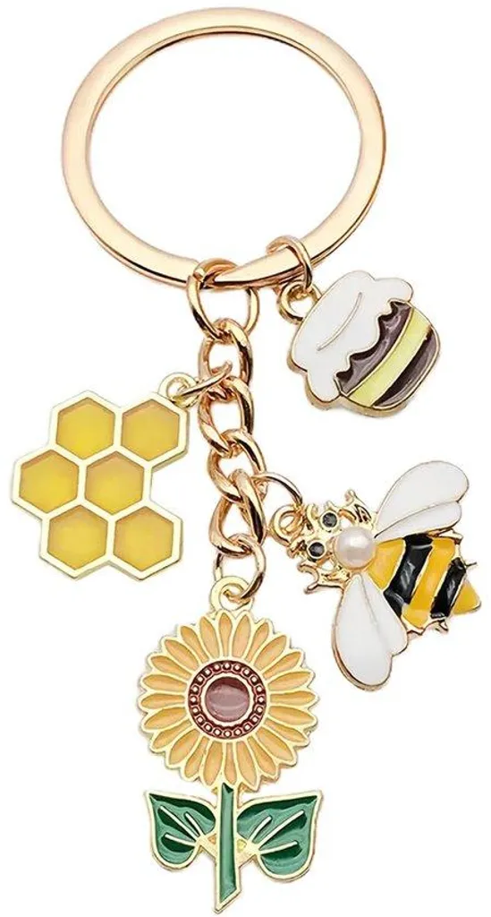 Porte-clés fleur et abeille en métal doré, idée cadeau femme