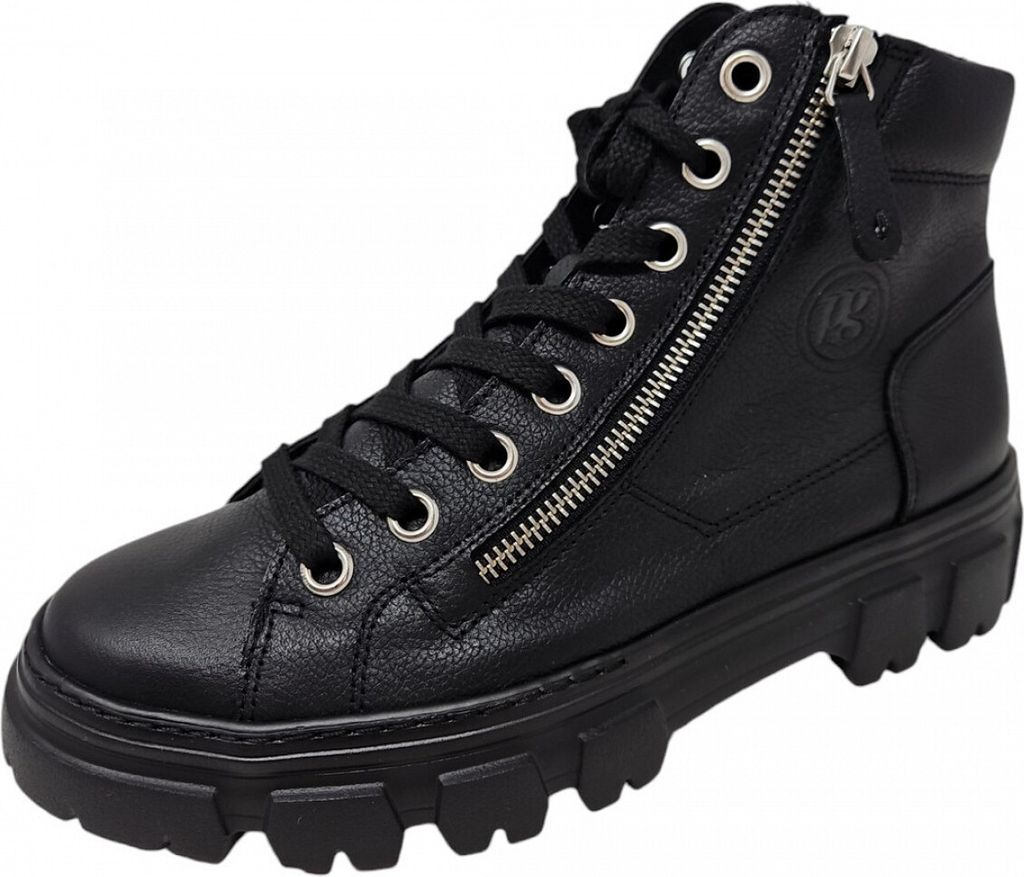 A black leather high-top boot with laces and a side zipper.