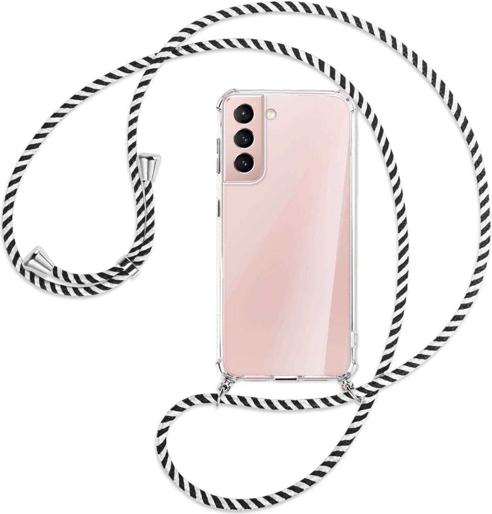 Handykette Backcover-Schutzhülle mit Band (Metall silberfarben) für Samsung Galaxy S21 Plus 5G - schwarz/weiß gestreift
