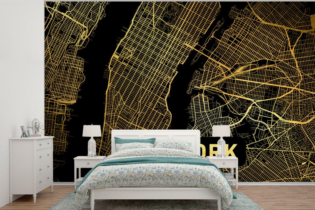 MuchoWow Fototapete für Wohnzimmer oder Schlafzimmer Wandtapete Vinyl Motivtapete New York - Karte - Zusammenfassung - 450x300 cm - Gemusterte
