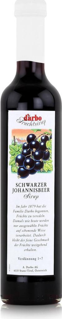 A bottle of Darbo Schwarzer Johannisbeer Sirup with a label showing blackcurrants and descriptive text.