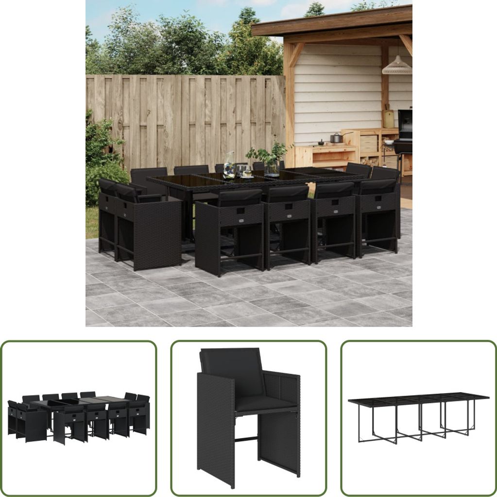 The Living Store 13-tlg. Garten-Essgruppe mit Kissen Schwarz Poly Rattan