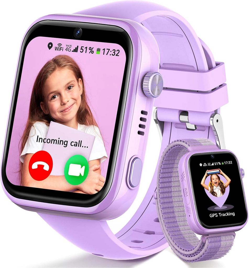 4G Smartwatch Kinder mit GPS und Telefon, Kinderuhr mit Videoanruf SOS, Schulmodus, SMS Sprachchat WhatsApp, Wecker SIM, WiFi, IP68 Wasserdicht