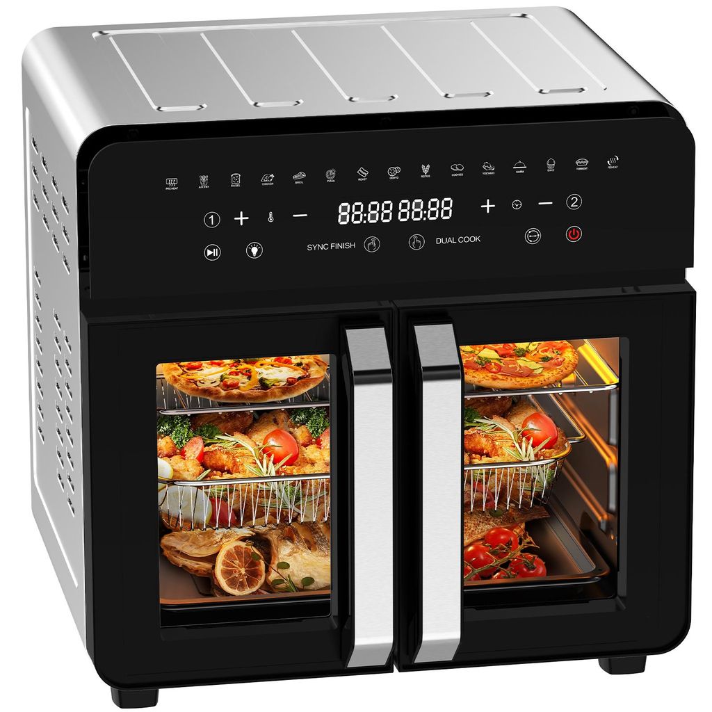 A black and silver dual air fryer oven with food visible inside.
