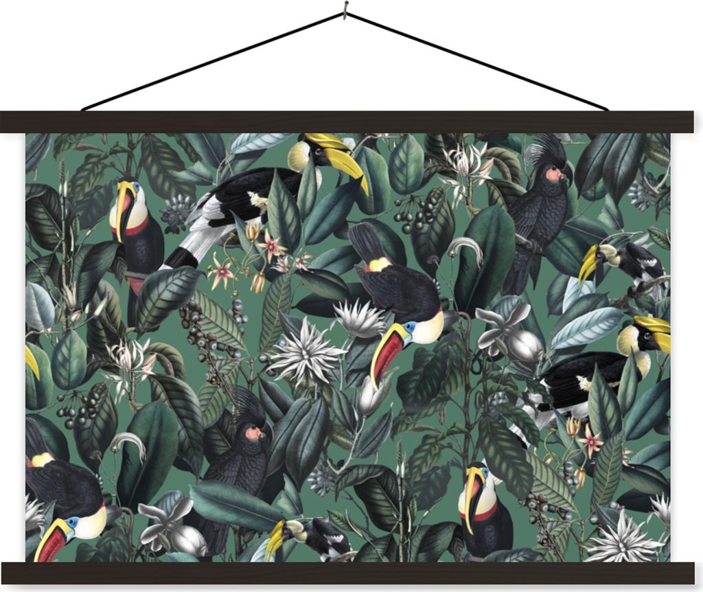MuchoWow Textilposter Blumen - Vogel - Blätter 120x80 cm mit schwarzem Rahmen - Wanddeko