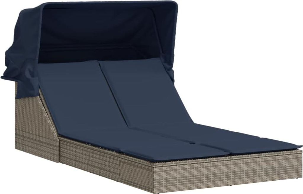 SYFAX Doppelte Sonnenliege mit Baldachin und Kissen, grau, Polyrattan