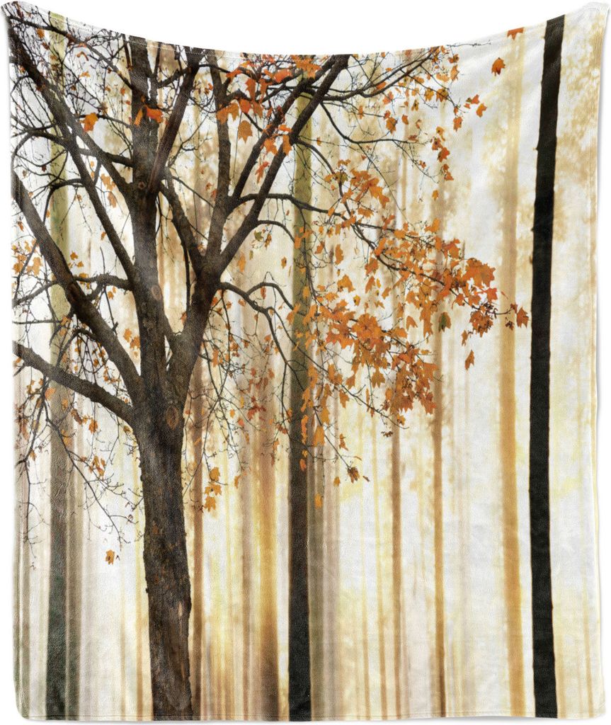 ABAKUHAUS Herbst Weich Flanell Fleece Decke, Einsam Baum mit Orangenblättern auf einem abstrakten Waldhintergrund, 175 x 230 cm, Orange Braun