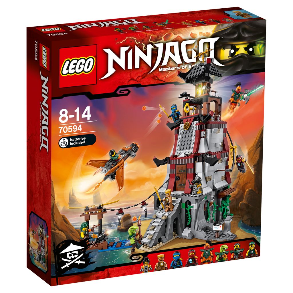 The image shows the front of a LEGO Ninjago The Lighthouse Siege 70594 playset box, depicting the lighthouse structure and characters in action.