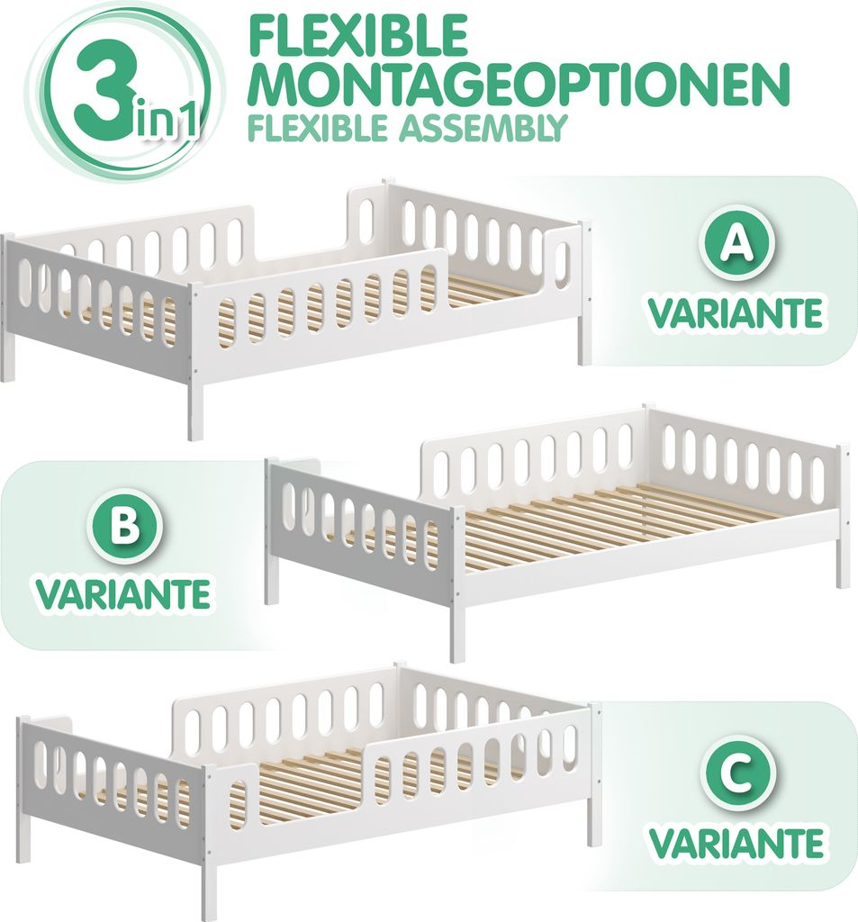 LARS Kinderbett Jugendbett 200x90 cm - Weiß, 2 Schubladen, Produktbild 3