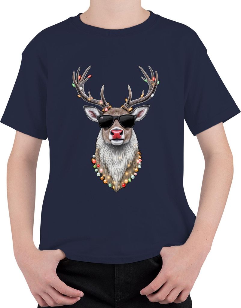 Weihnachten Rentier Sonnenbrille Lichterkette Rudolph Cool Retro Uni Kinder T-Shirt, Navy, 104