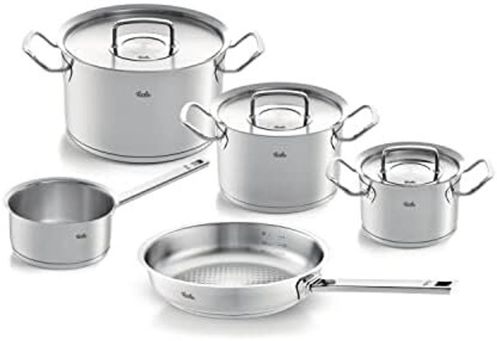 Fissler Original-Profi Collection / Edelstahl-Kochtopfset, 5-teilig, Topf mit Metall-Deckel (3 Kochtöpfe,1 Pfanne-unbeschichtet, 1 Stielkasserolle...