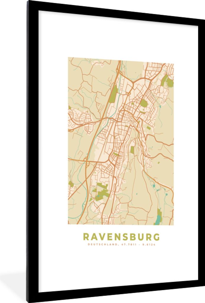 MuchoWow Gerahmtes Poster Ravensburg - Stadtplan - Vintage - Karte 60x90 cm - Poster mit Schwarzem Bilderrahmen Wandposter Rahmen Foto Bilder - D...