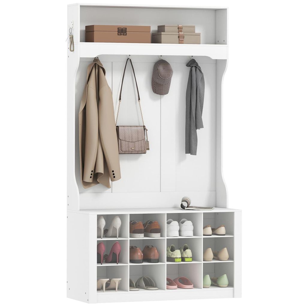 Garderobe mit Regal, Bank, Haken, Schuhfächern, Spanplatten, MDF, Weiß