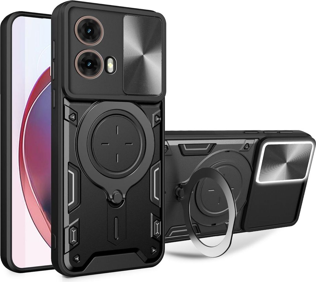 Für Motorola Moto G85 CD Textur Sliding Kamera TPU PC Hülle Magnet Ring Schwarz