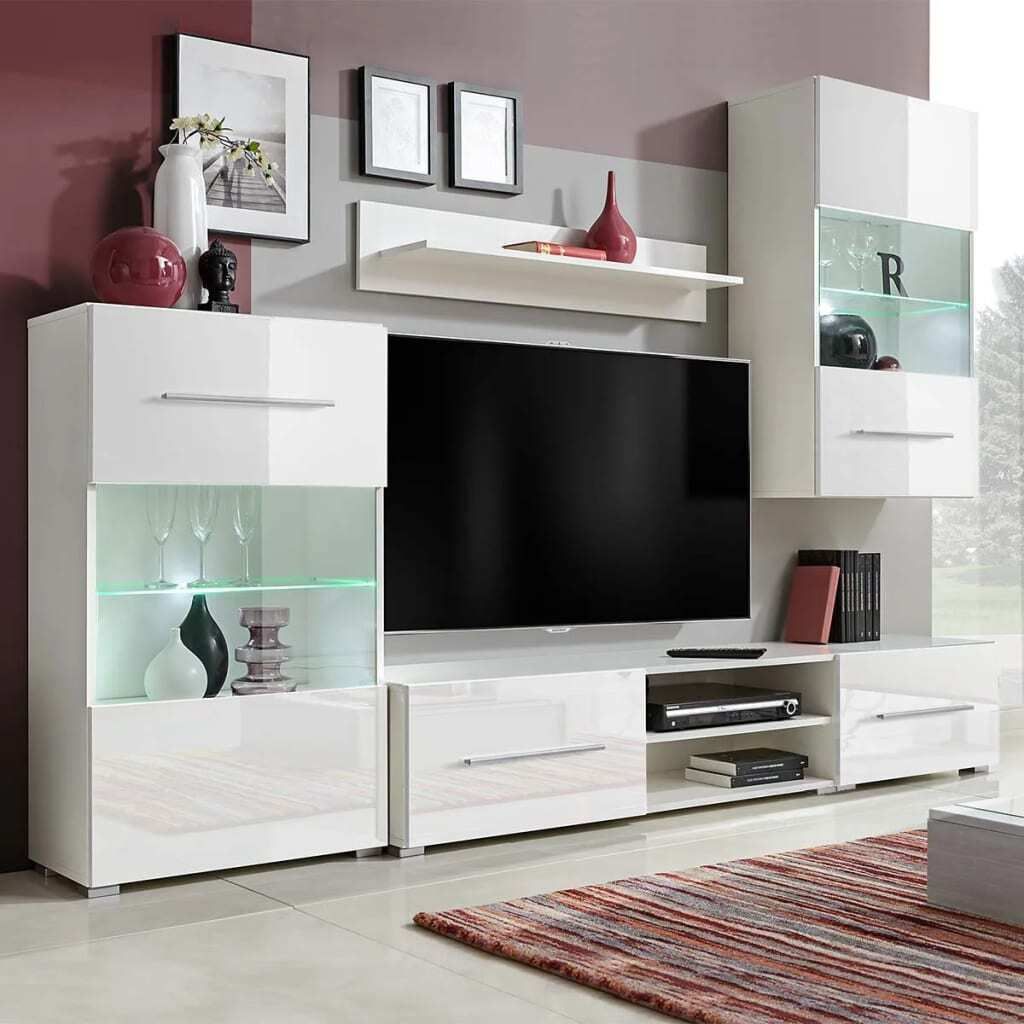 The Living Store Fünfteilige Wohnwand TV-Schrank mit LED-Beleuchtung Weiß