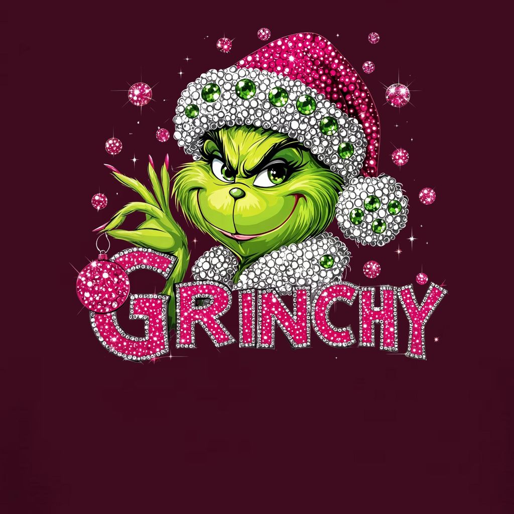 Grinch Bling Glitzer Strass Pink Grün Weihnachten Geschenk lustig Damen T-Shirt, Burgundy, M