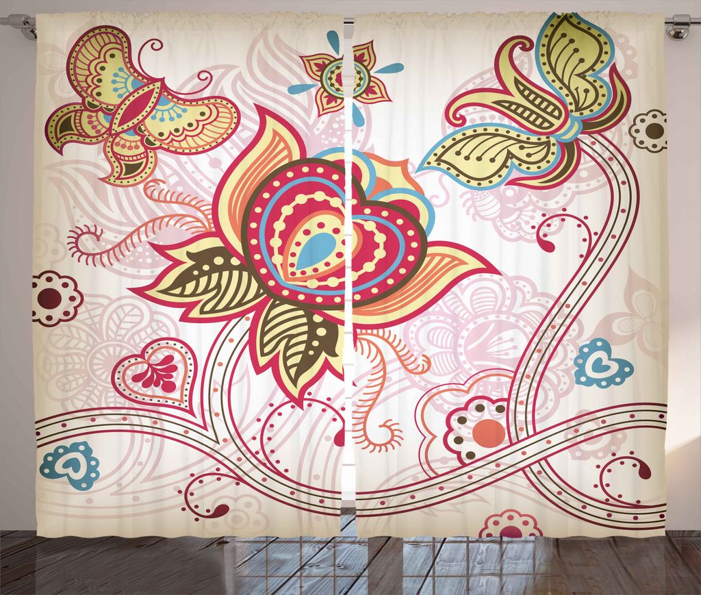 ABAKUHAUS Blumen Rustikaler Gardine, Stil Schmetterlinge, Schlafzimmer Kräuselband Vorhang mit Schlaufen und Haken, 280 x 175 cm, Rosa Beige Khaki