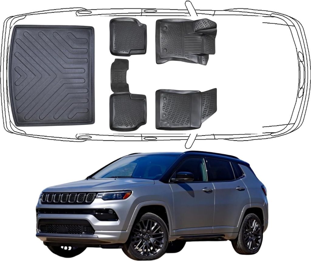 3D Fußmatten & Kofferraumwanne Auto Set Kompatibel mit Jeep Compass 2.Gen ab 2017