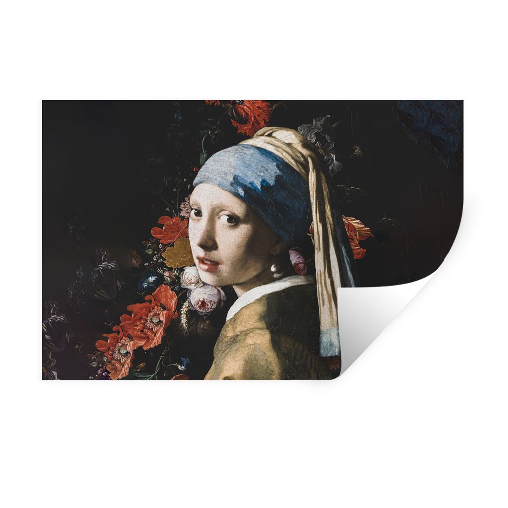 MuchoWow Wandtattoo Wandsticker Wandaufkleber Das Mädchen mit dem Perlenohrring - Vermeer - Blumen 120x80 cm Selbstklebend und Repositionierbar ...