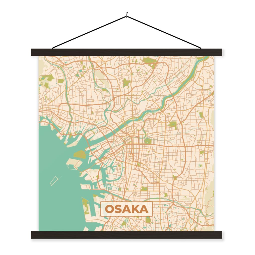 MuchoWow Textilposter Karte - Osaka - Stadtplan - Vintage - Karte 120x120 cm mit schwarzem Rahmen - Aufhängungsset