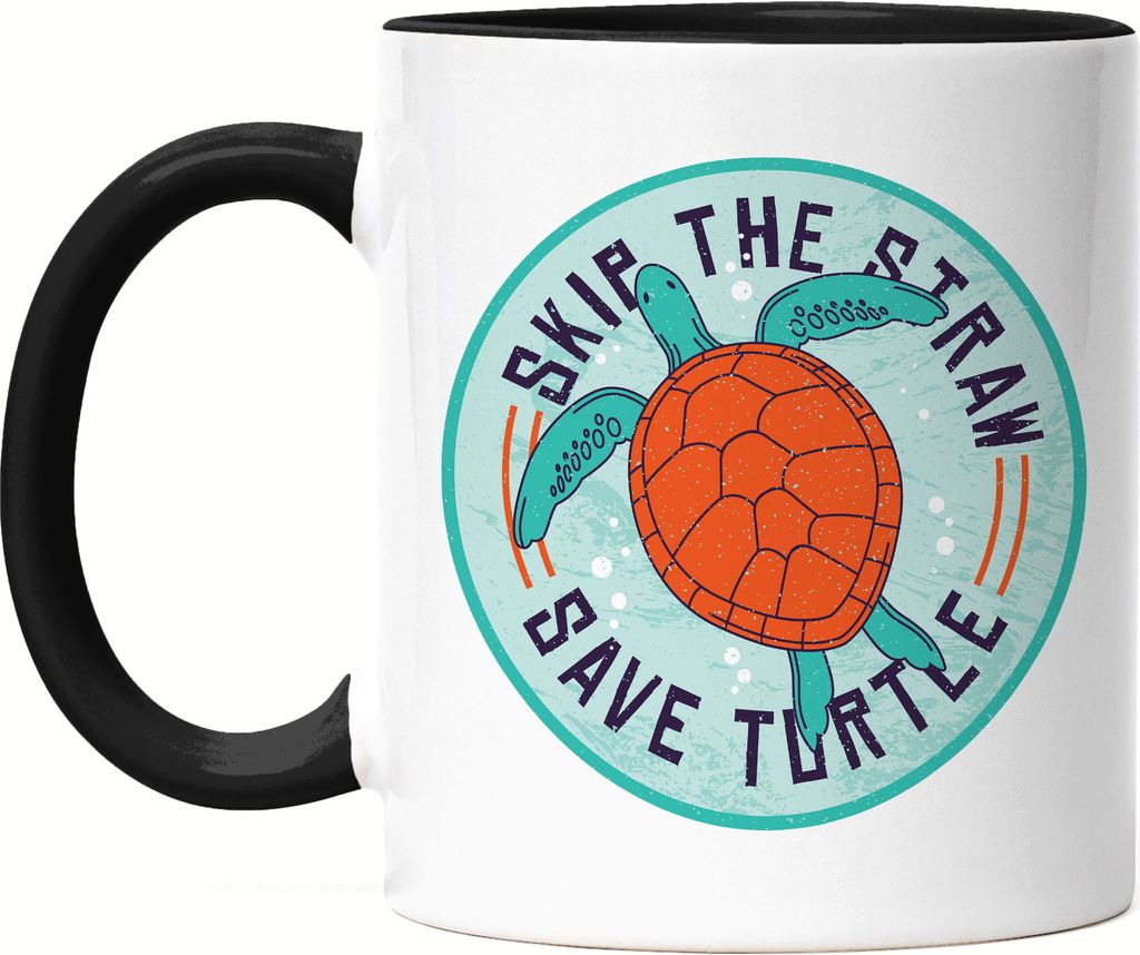Skip The Straw Save Turtle Tasse Schwarz Strohhalm Plastik Schildkröte Meere Ozean Natur Umwelt