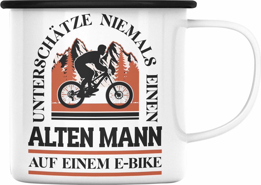 Trendation - Elektrofahrrad E-Bike Emaille Tasse mit Spruch Geschenk Ebike Lustige Geschenke Emaille Emaille Tasse Rentner (Schwarz)