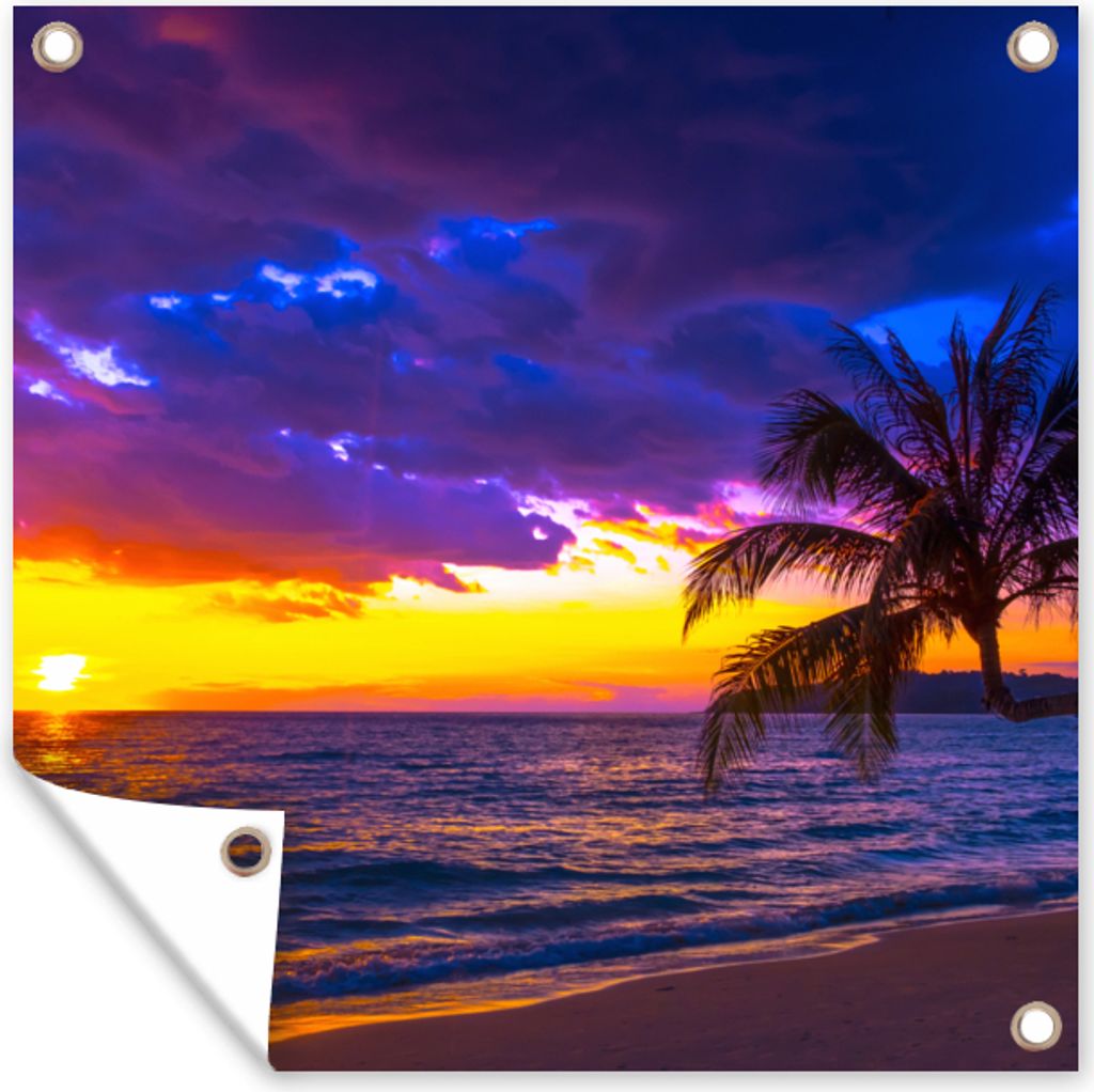 MuchoWow 50x50 cm Outdoor-Poster Gartendeko Sichtschutz Garten Poster für den Garten Palme - Lila - Sonnenuntergang - Strand - Meer