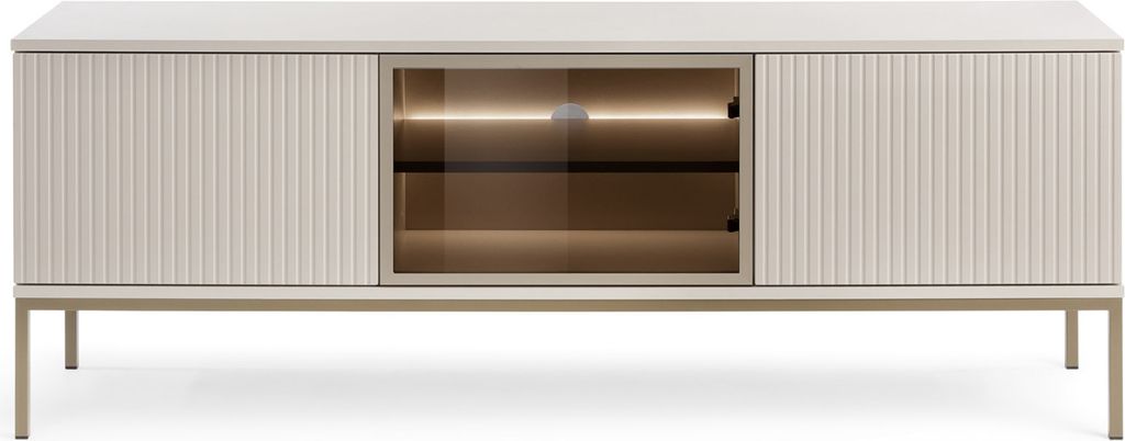 A modern TV stand with a ribbed texture and a glass-fronted central compartment with internal lighting.