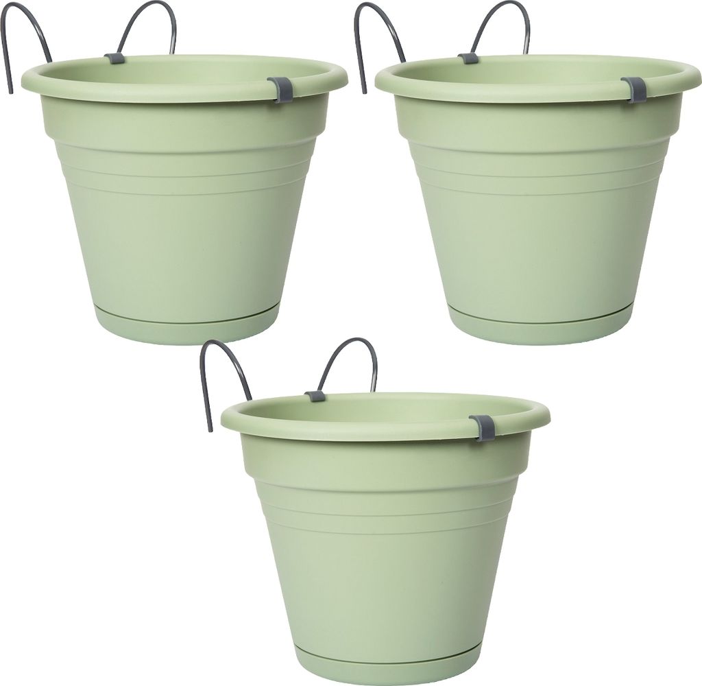 Three light green hanging planters are arranged in a staggered formation against a white background.