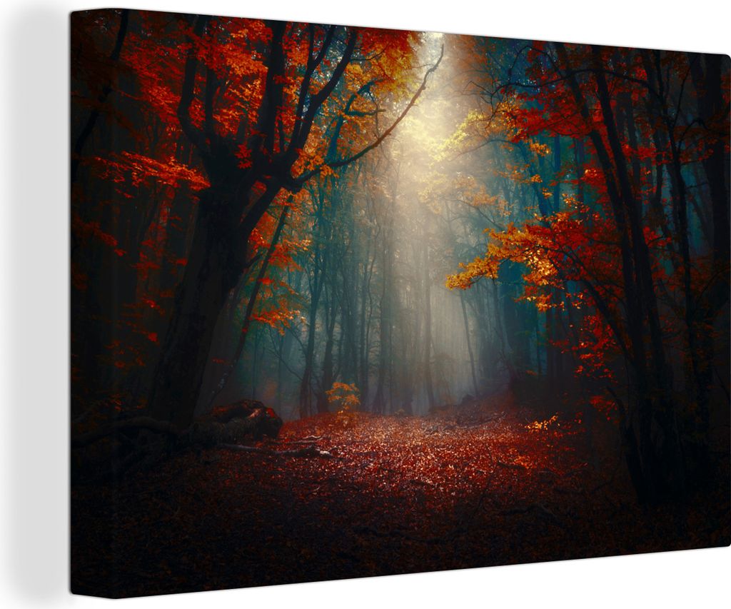 OneMillionCanvasses - Leinwandbilder - 140x90 cm, Herbst - Laub - Sonne, Wandbilder Kunstdruck Wanddekoration